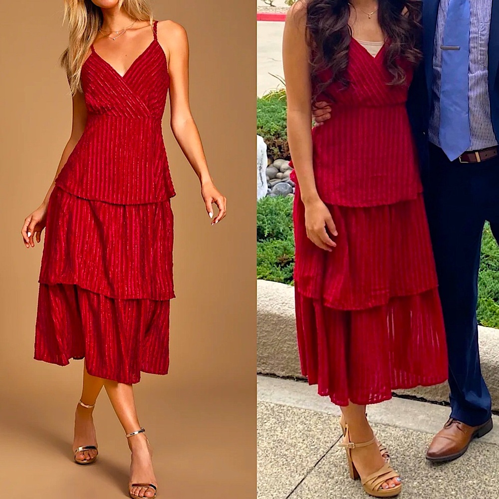 Lulus Wine Red Striped Tiered Midi Dress size Small